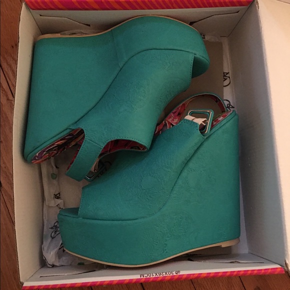 Turquoise Skull-Embossed Platform Wedges - Picture 3 of 14